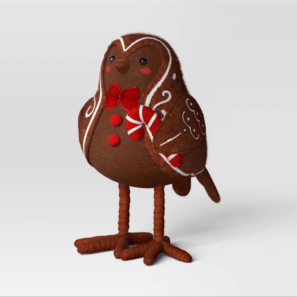 Brown Gingerbread Bird Decor with Red Accents